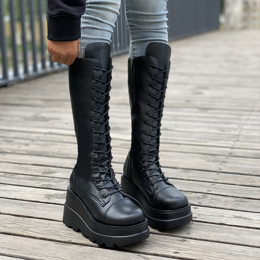 Women's Platform Wedge Heeled Mid Calf Boots Lace Up Punk Style