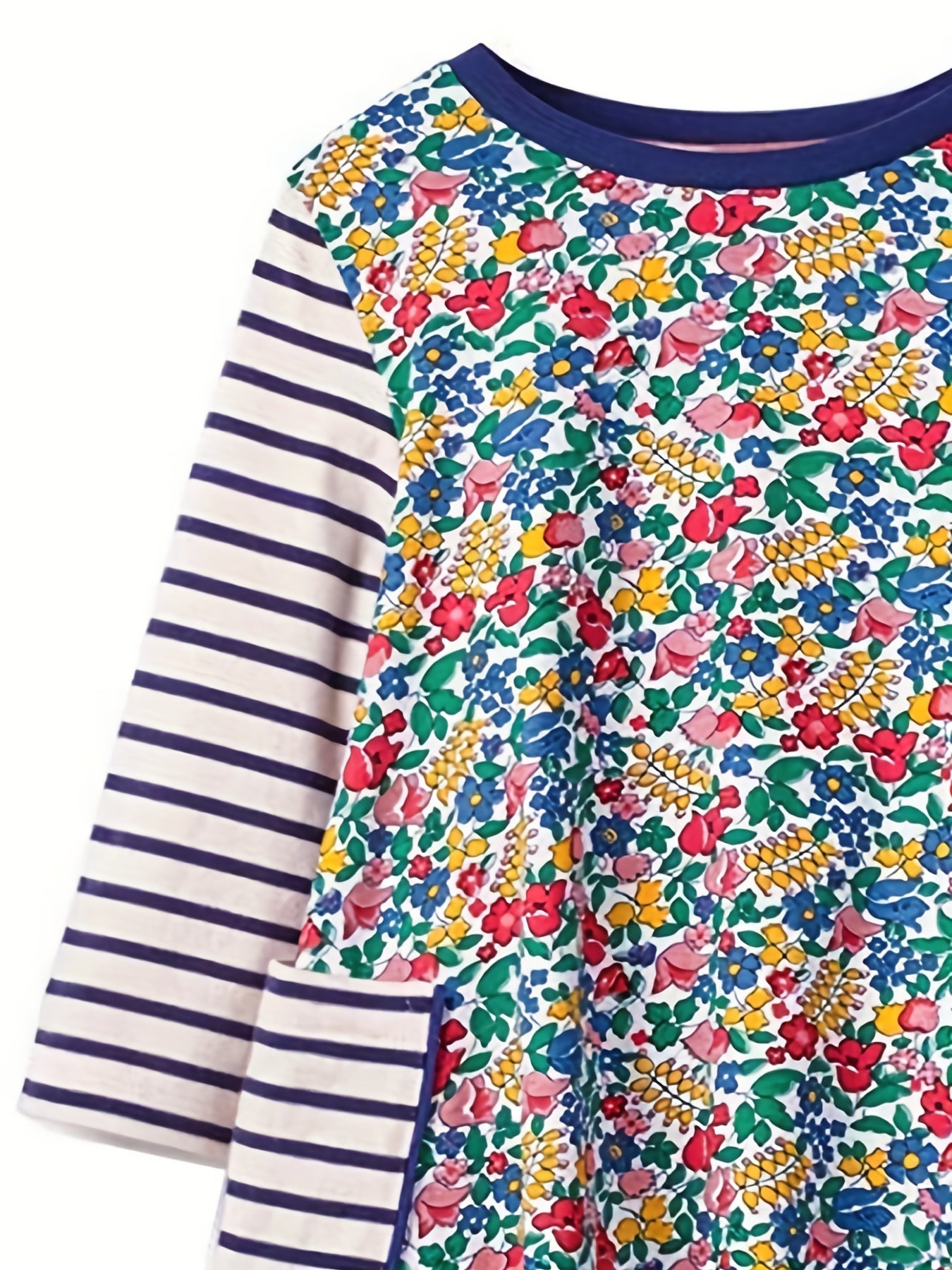 Kid Girls' Stripes Floral Long Sleeve Cotton Dress With Pockets