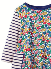 Kid Girls' Stripes Floral Long Sleeve Cotton Dress With Pockets