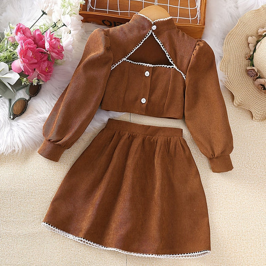 Girl's 2pcs Corduroy Shirt & Skirt Set Casual Outfits For Spring Autumn