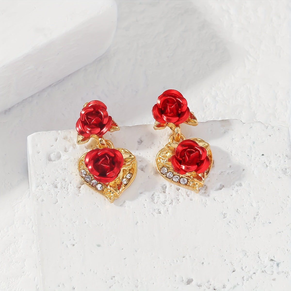 Heart Rose Flower Dangle Earrings