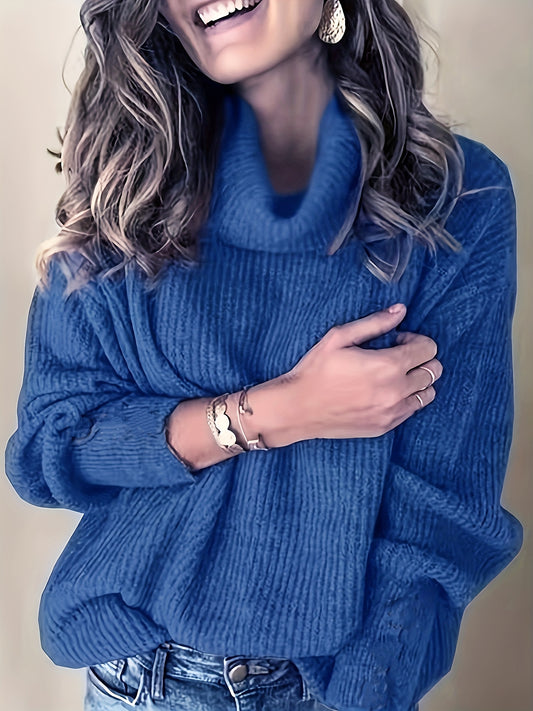  Solid Ribbed Turtle Neck Long Sleeve Sweater