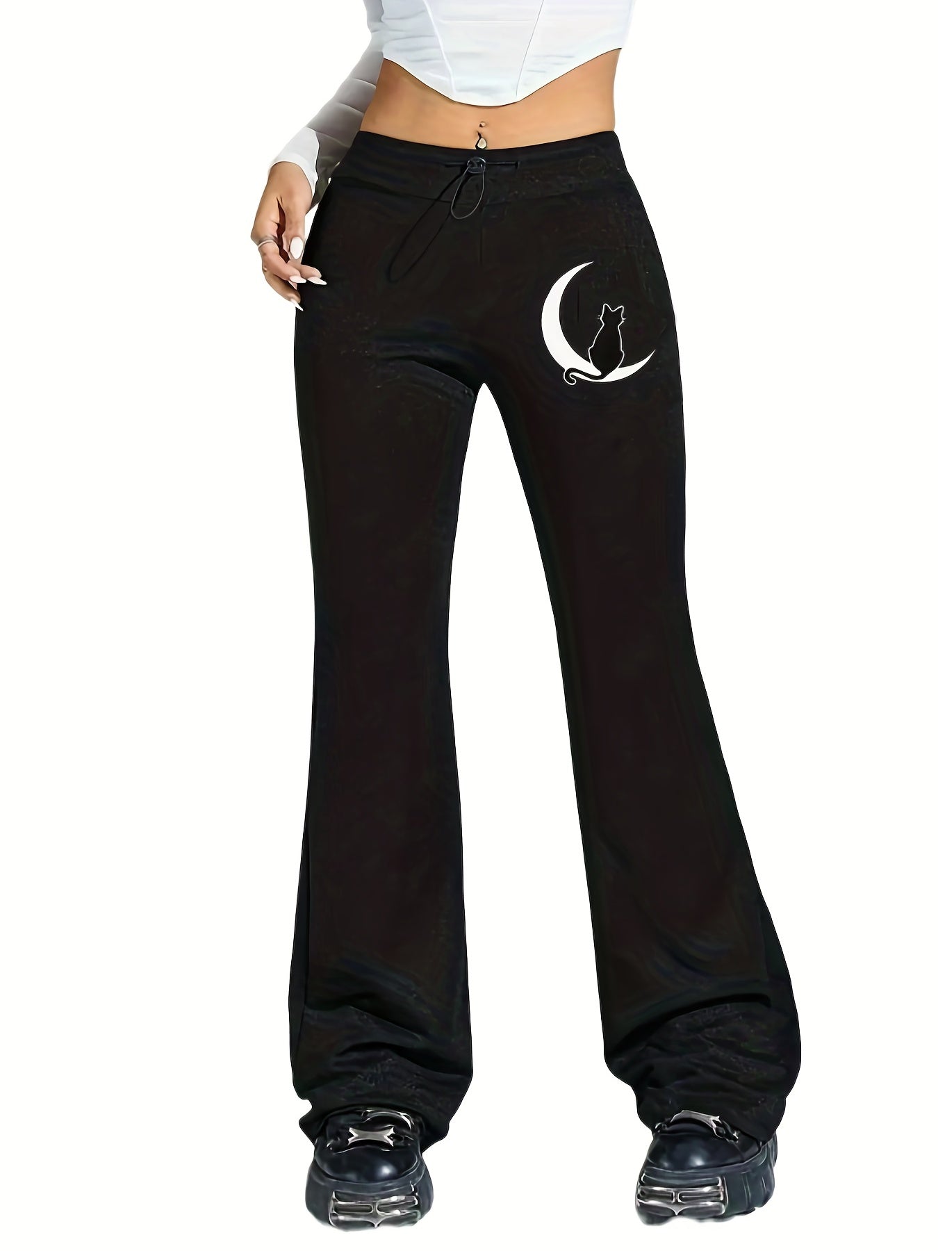  Cat & Moon Print Flared Leg Drawstring Skinny Pants
