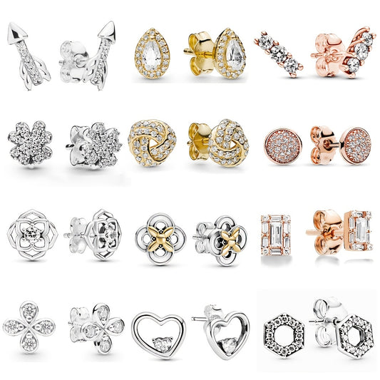 Zircon Girl Earrings Platinum Rose Hollow Clover Round Square