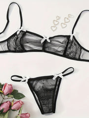 Sultry Lace Mesh Lingerie Set Sheer Unlined Bra & Bow Tie Panties
