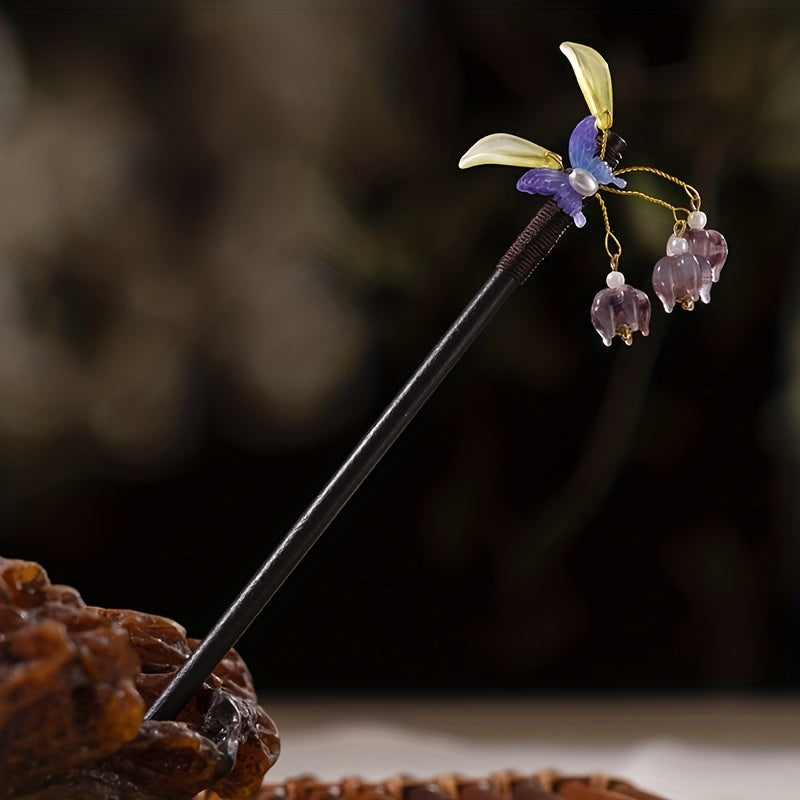 Butterfly Shape Hair Pin With Floral Pendant Chinese Style Hair Stick