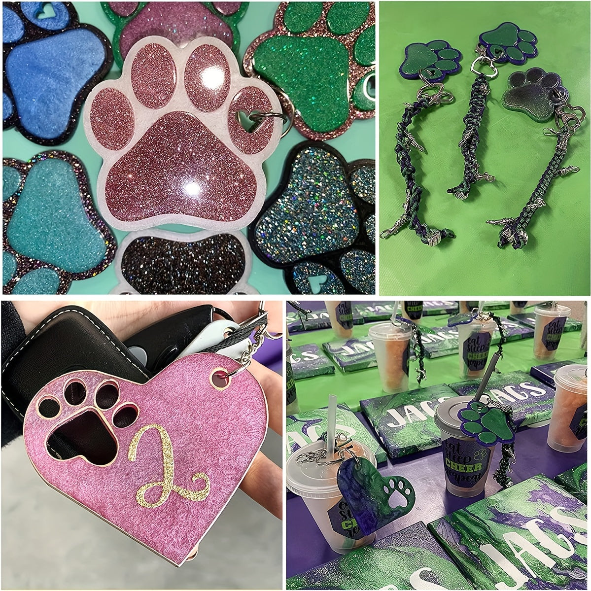 4pcs Dog Paw Heart Silicone Keychain Resin Molds with 10Pcs Keyrings