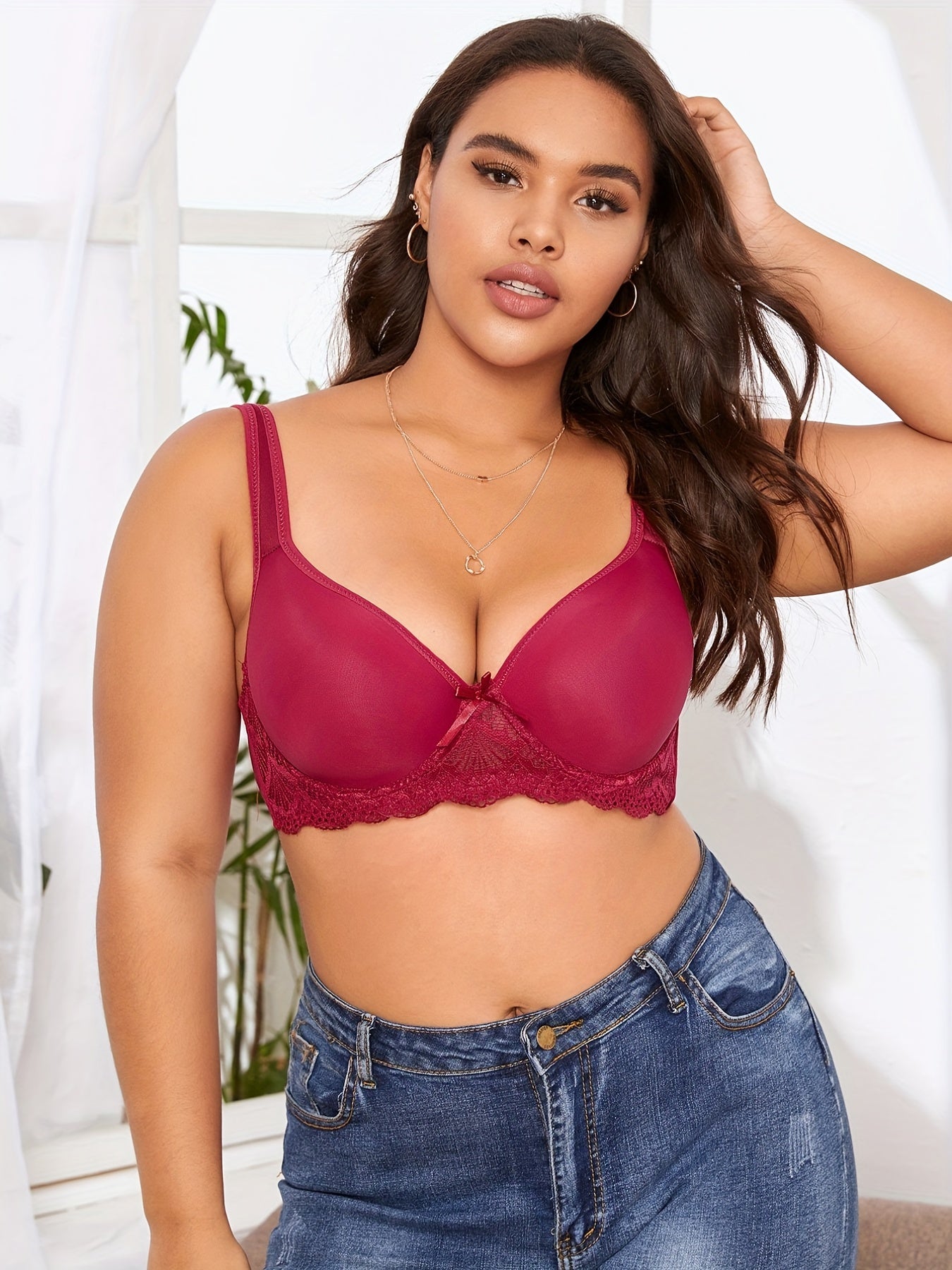  Bra Women's Plus Mini Bow Knot Contrast Lace Trim Bra