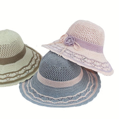 Knitted Bucket Hat Hollow Breathable Sunscreen Beach Hats Wide Brim