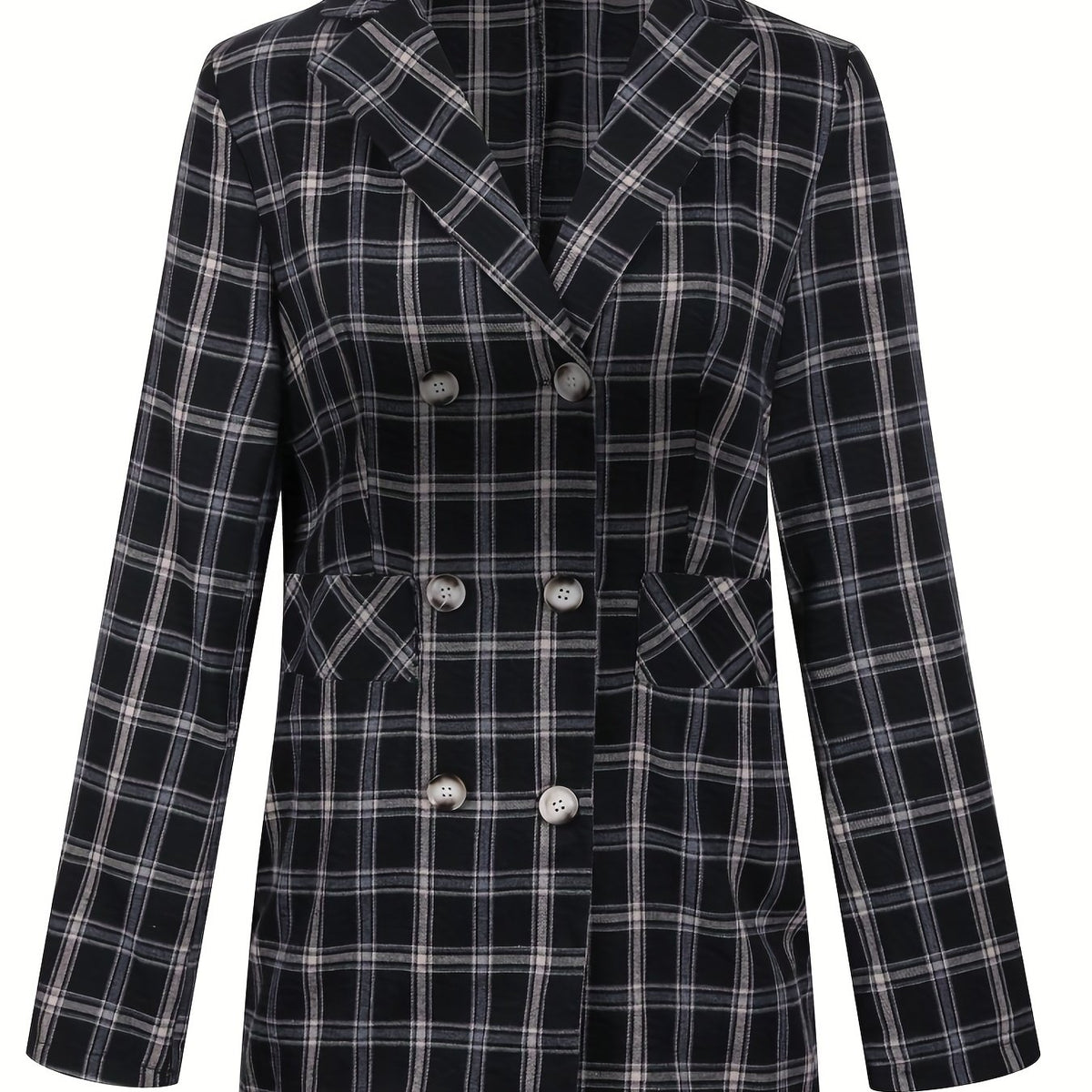 Plaid Double Breasted Lapel Neck Blazer Long Sleeve Casual Blazer