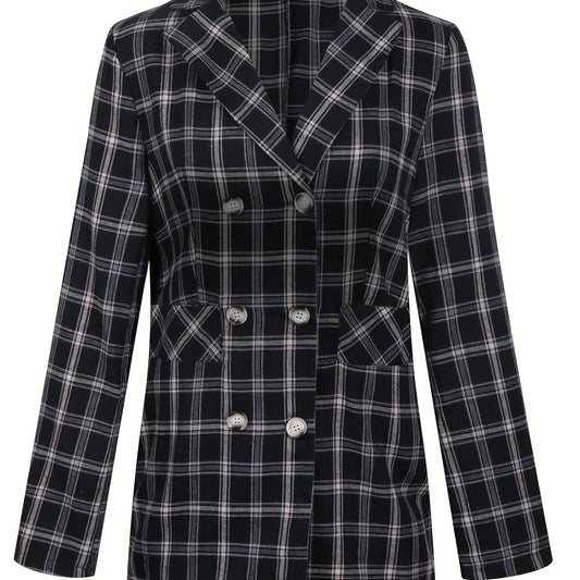 Plaid Double Breasted Lapel Neck Blazer Long Sleeve Casual Blazer