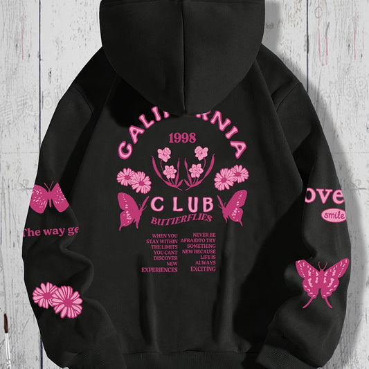 Butterfly & Flower Print Kangaroo Pocket Hoodie Women's Sweatshirt