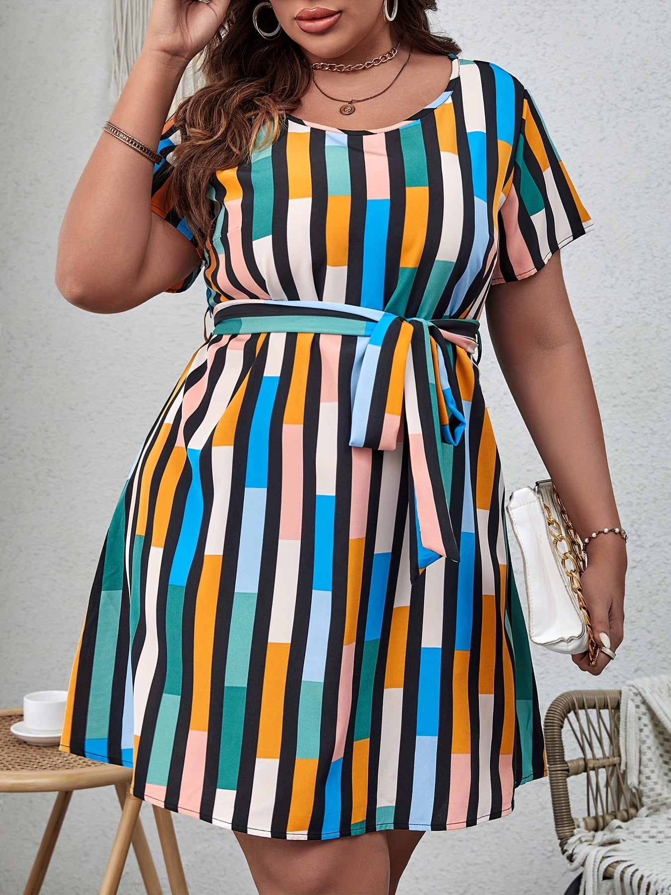  Colorful Striped Short Sleeve Round Neck Belted Dress