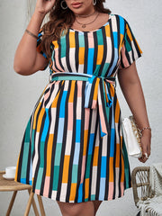  Colorful Striped Short Sleeve Round Neck Belted Dress