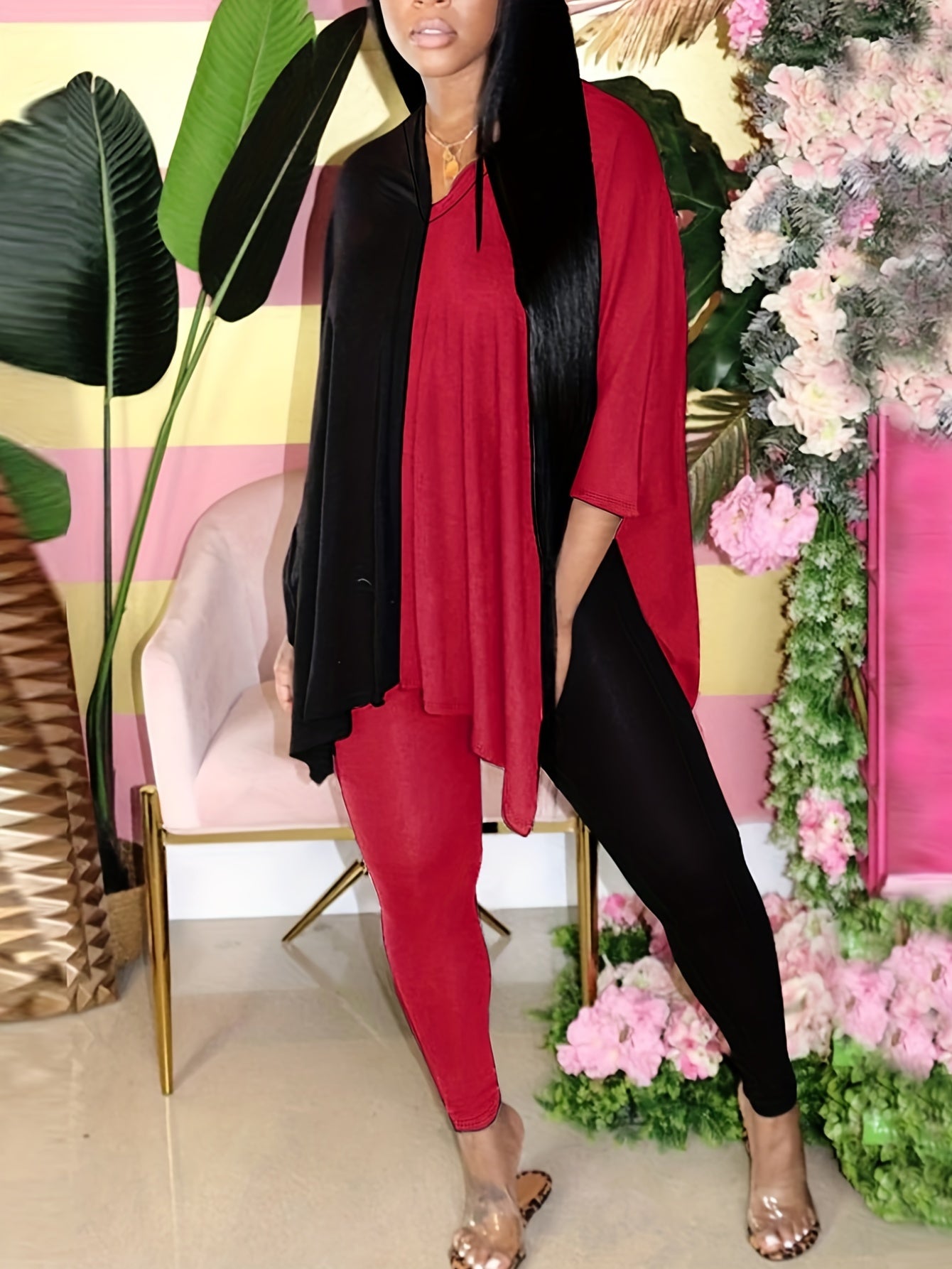  Colorblock Bat Sleeve V Neck Split Top & Leggings Set