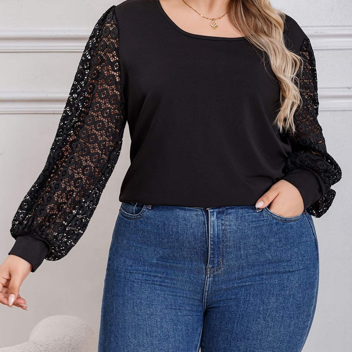  Lace Sleeve Round Neck Top