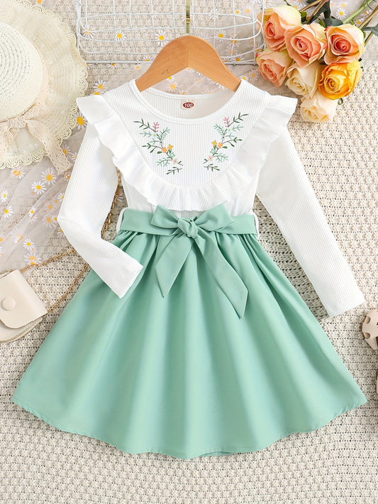 Girls Ruffled Splicing Dress With Belt Long Sleeves Round Neck Flowers Print Pri