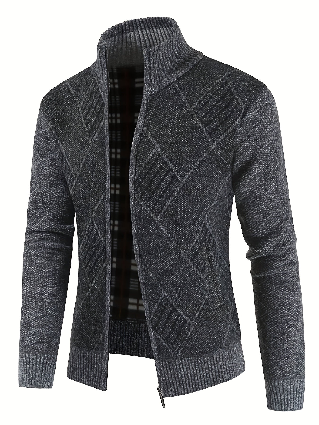 Argyle Texture Warm Plush Cardigan Zip Up Sweater