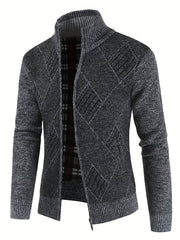 Argyle Texture Warm Plush Cardigan Zip Up Sweater