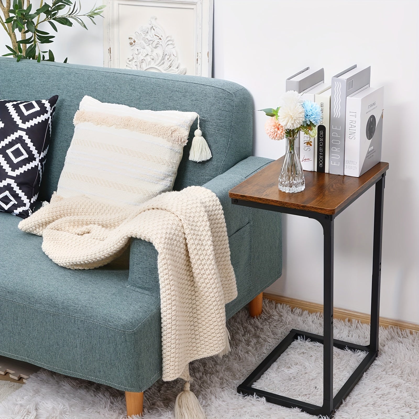 Retro C-shaped Coffee Table for Sofa Side with Metal Frame