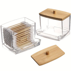 Clear Acrylic Swab Holder with Wooden Lid for Swabs Jewelry Powder Puffs