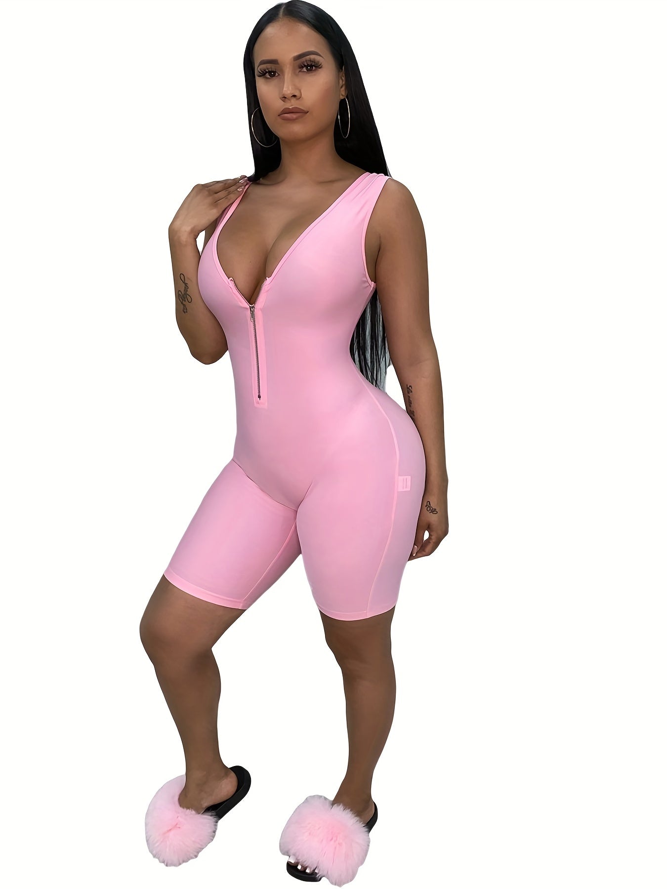 Solid V Neck Sleeveless Bodycon Romper