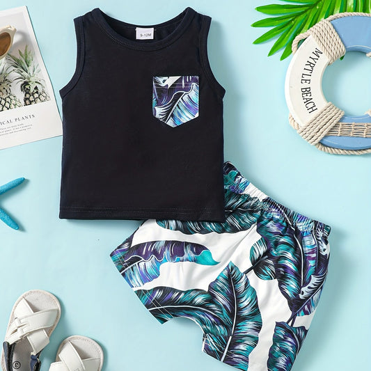 Boys Leaf Print Tank Top & Shorts 2pcs Set