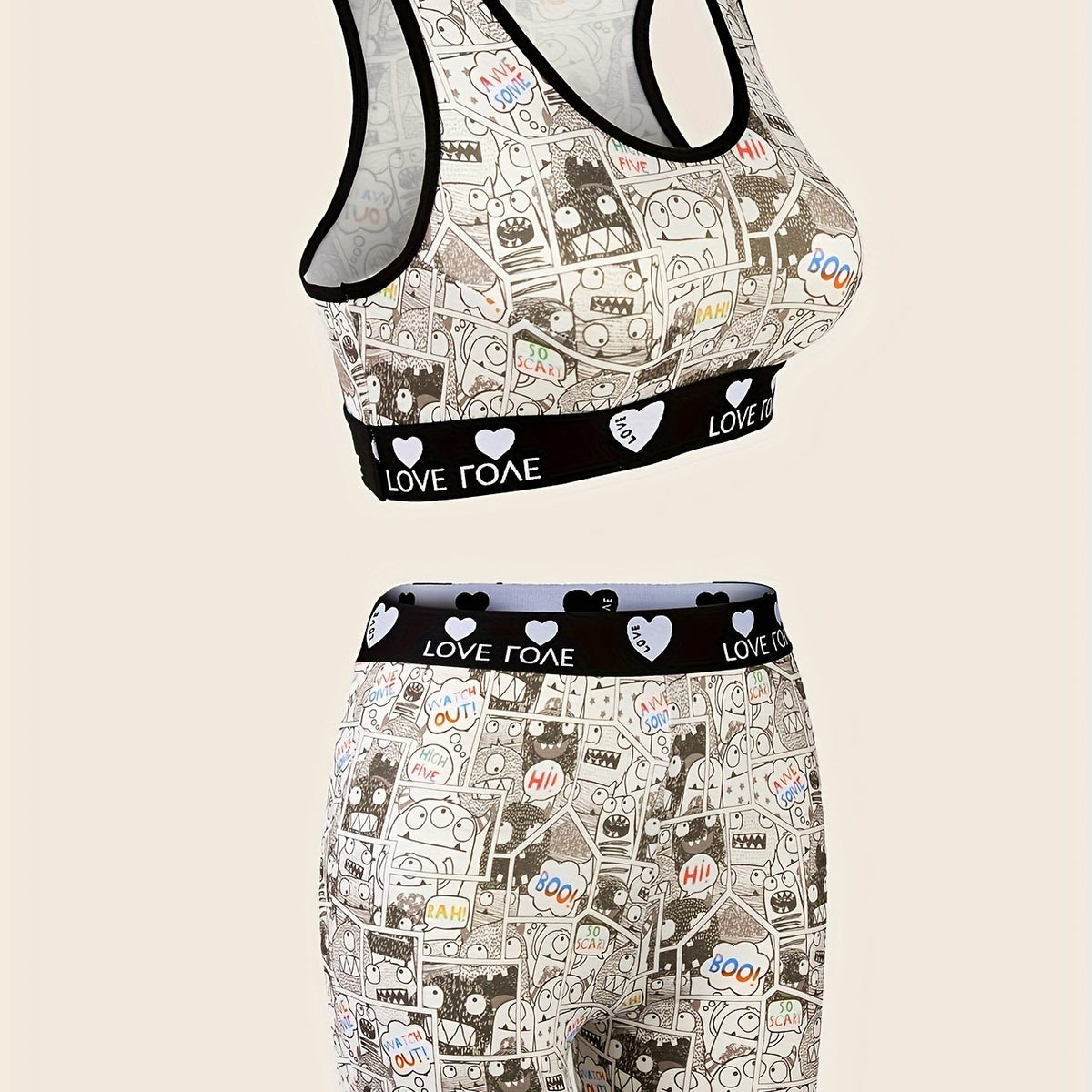 Cartoon Print Bra & Panties Set Full Coverage Sports Bra & Elastic Panties