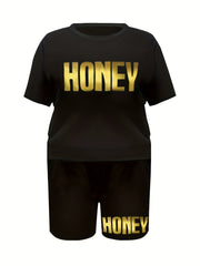  Letter Print Short Tee & Shorts 2 Piece Fitness Set