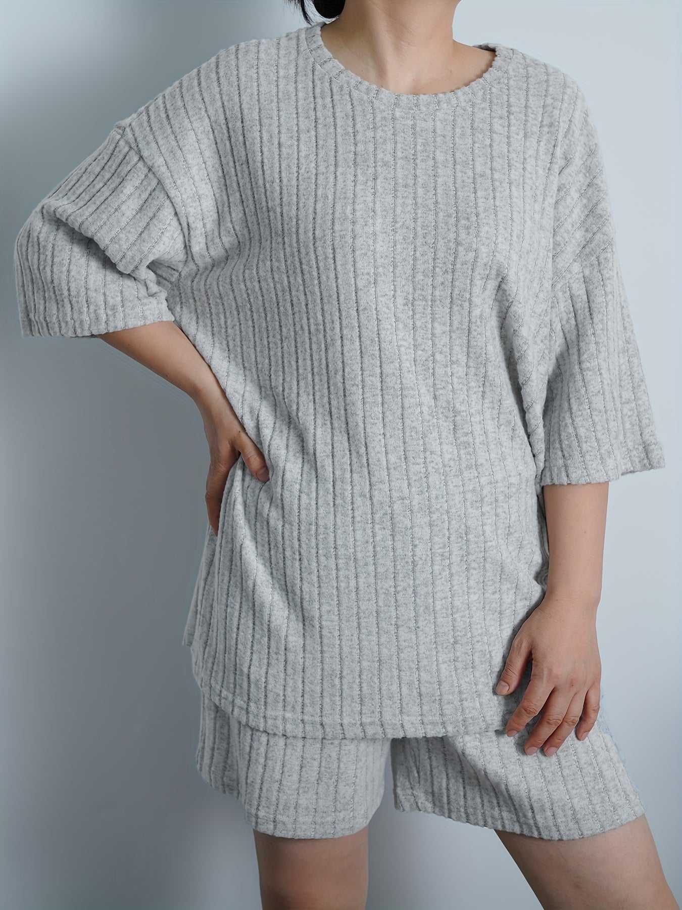  Ribbed Knit Sweater Set Short Sleeve Pullover & Short