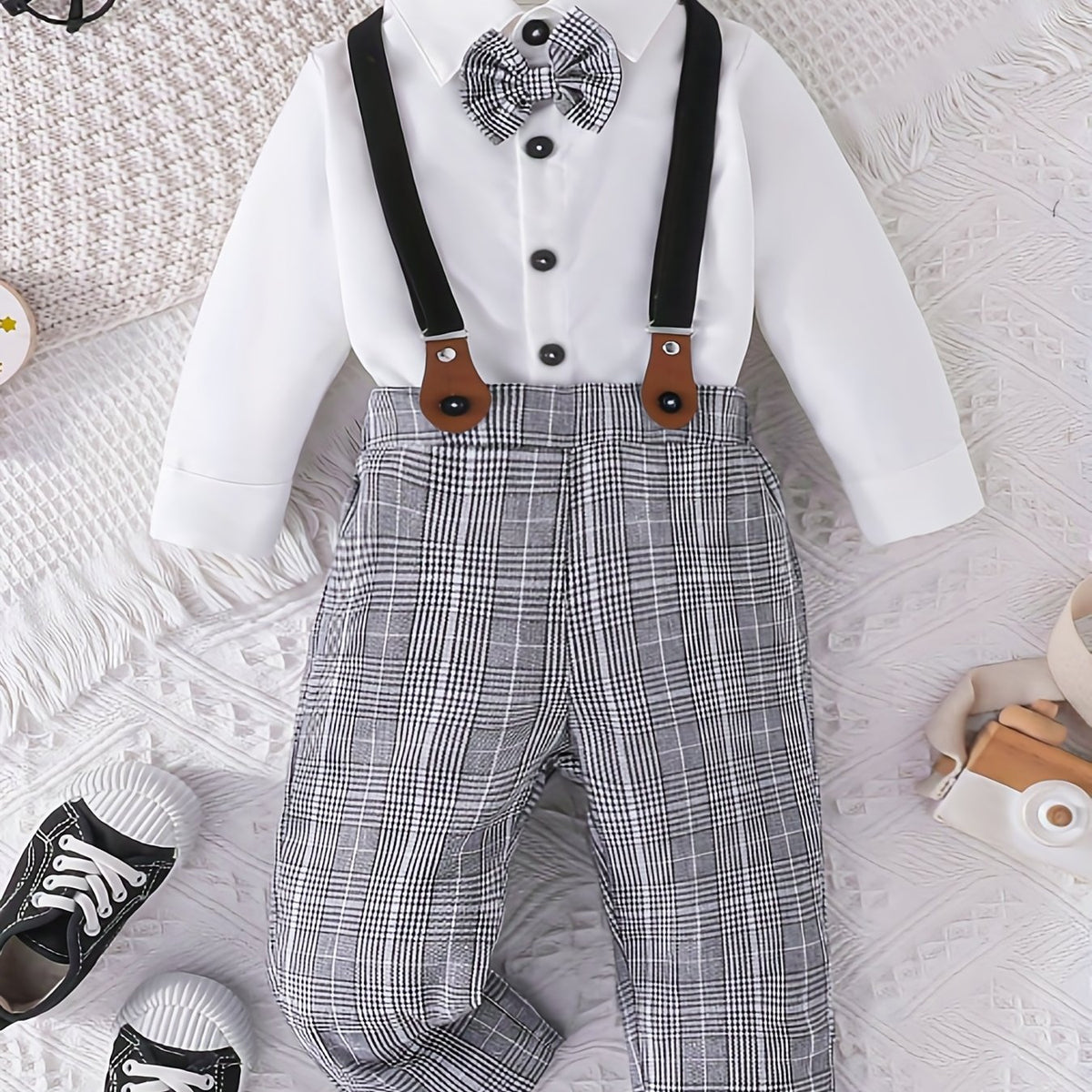 2pcs Baby Boys Gentleman Suit Plaid Overall Party Outfits