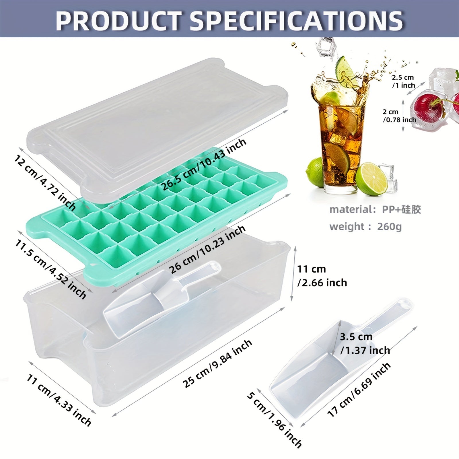Ice Cube Mold Freezer Ice Tray with Scoop & Box for Cocktails Whiskey