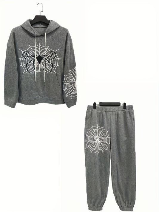 Women's Plus Spider & Spider Web Print Hooded Sweatshirt & Joggers Set
