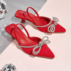 Rhinestone Bow Kitten Heel Slingback Sandals Dress Low Heels
