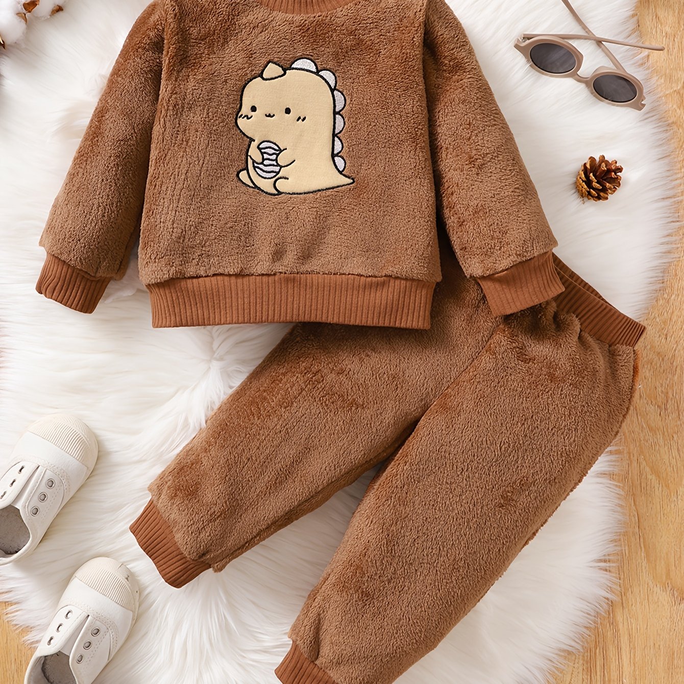 Boys Dinosaur Embroidery Long Sleeve Pullover Top Trousers Set