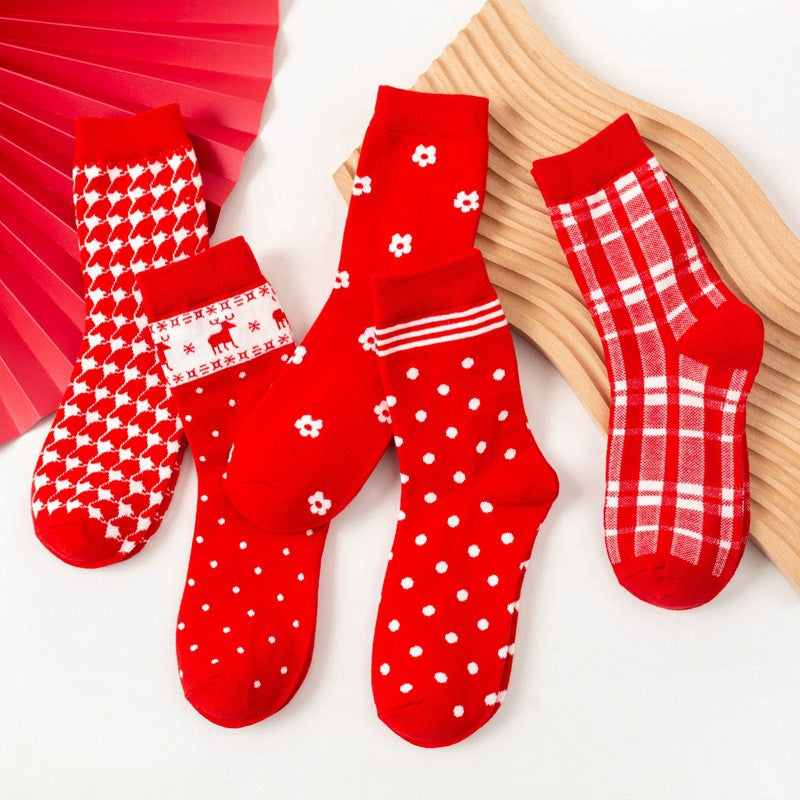 5 Pairs Christmas Socks Pack Mixed Pattern Red Serie Women's Stockings