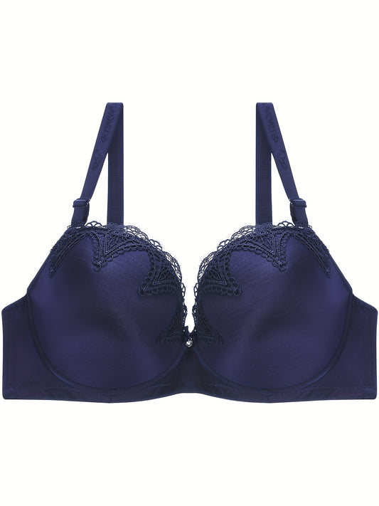  Bra Women's Plus Satin Contrast Lace Hook & Eye High Stretch Solid Bra