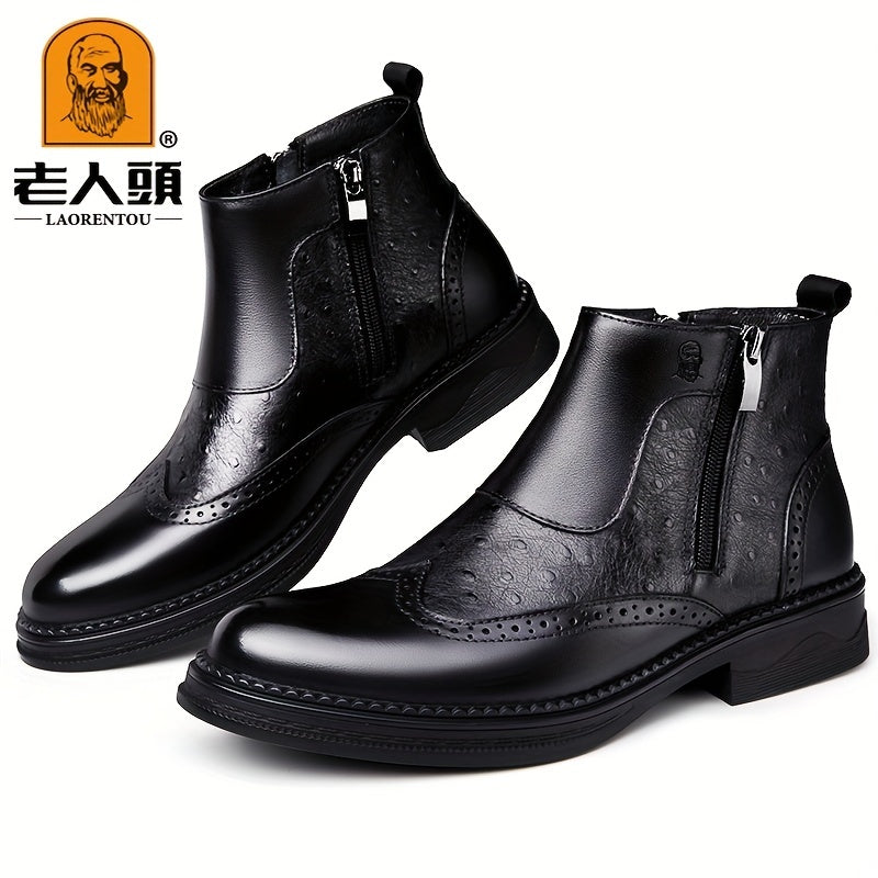 LAORENTOU Men's Brogue Zipper Boots Wear resistant Non Slip Boots