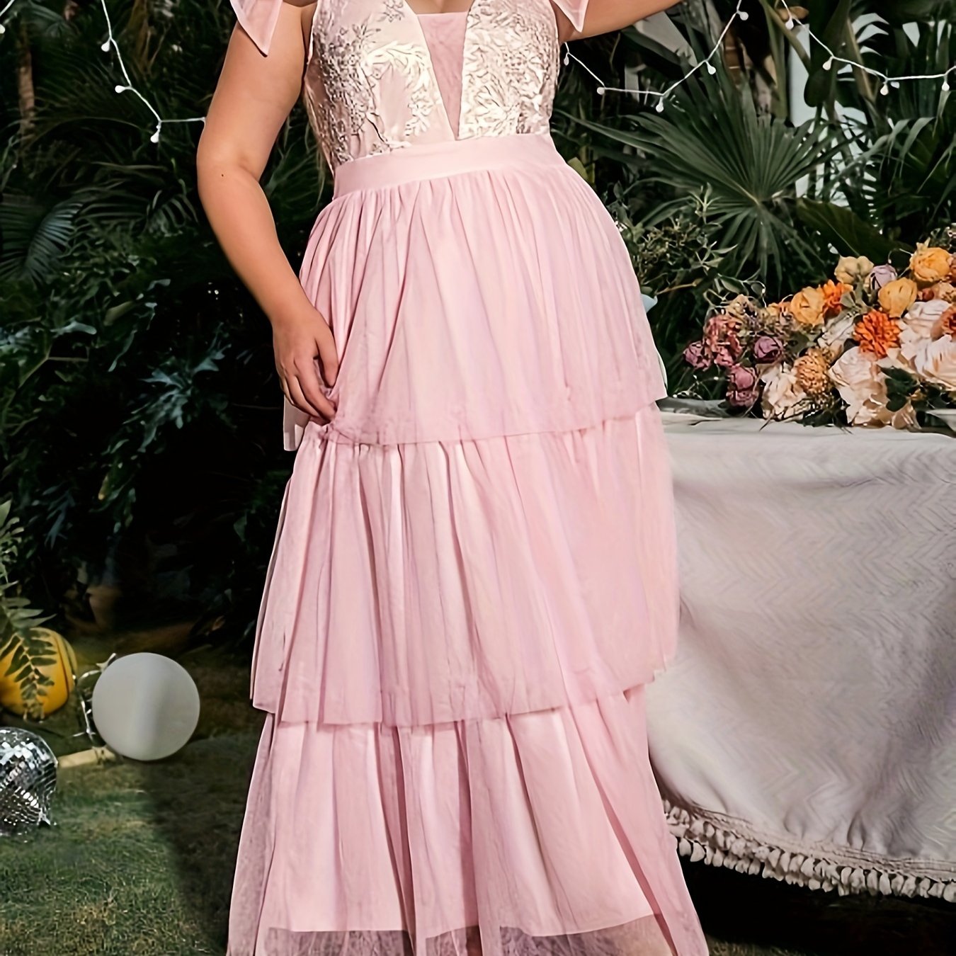 Colorblock Floral Embroidery Maxi Bridesmaid Dress