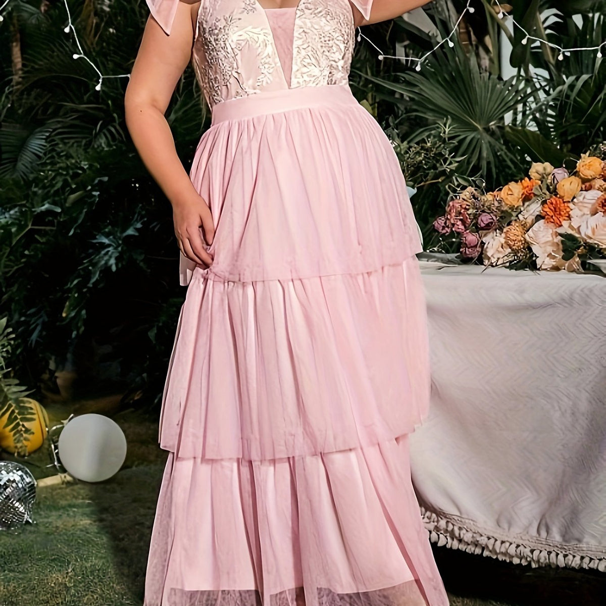  Colorblock Floral Embroidery Maxi Bridesmaid Dress