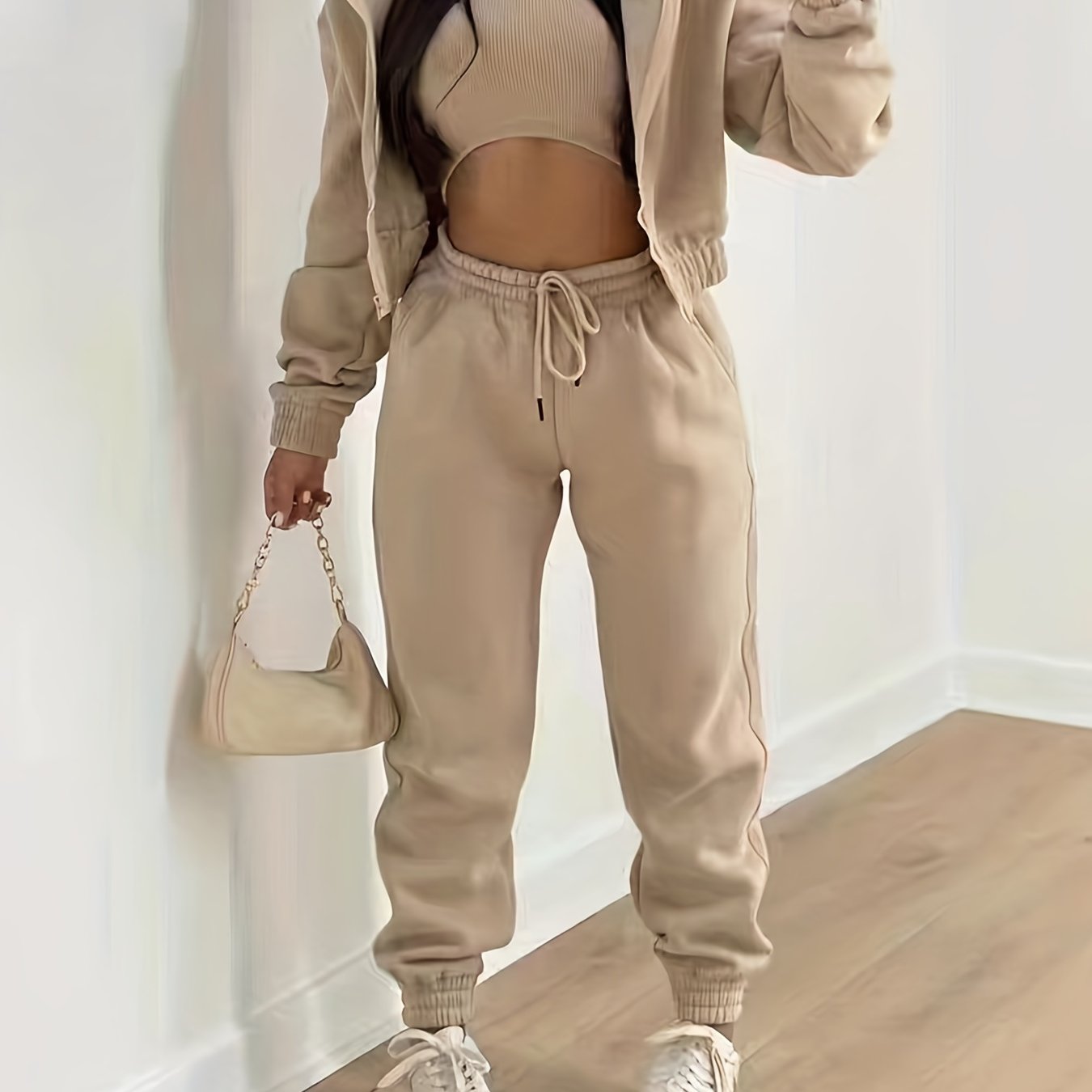 Casual 3pc Set Hooded Jacket, Tank Top, Jogger Pants