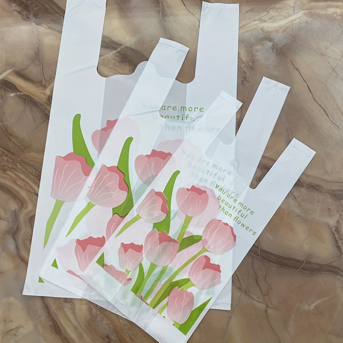 100pcs Tulip Print Shopping Bags for Stores & Bakeries