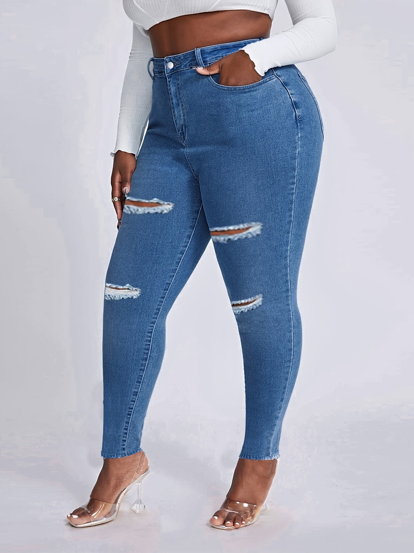  Casual Jeans Women's Plus Solid Ripped Button Fly Jeans