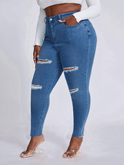  Casual Jeans Women's Plus Solid Ripped Button Fly Jeans