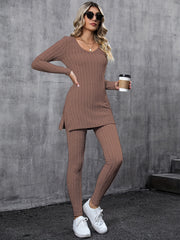Ribbed Two Piece Set Long Sleeve Side Split Top & Pants