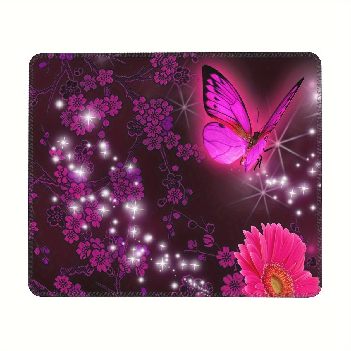 Square Sewn Edge Mouse Pad Butterflies Flying Flowers Pattern