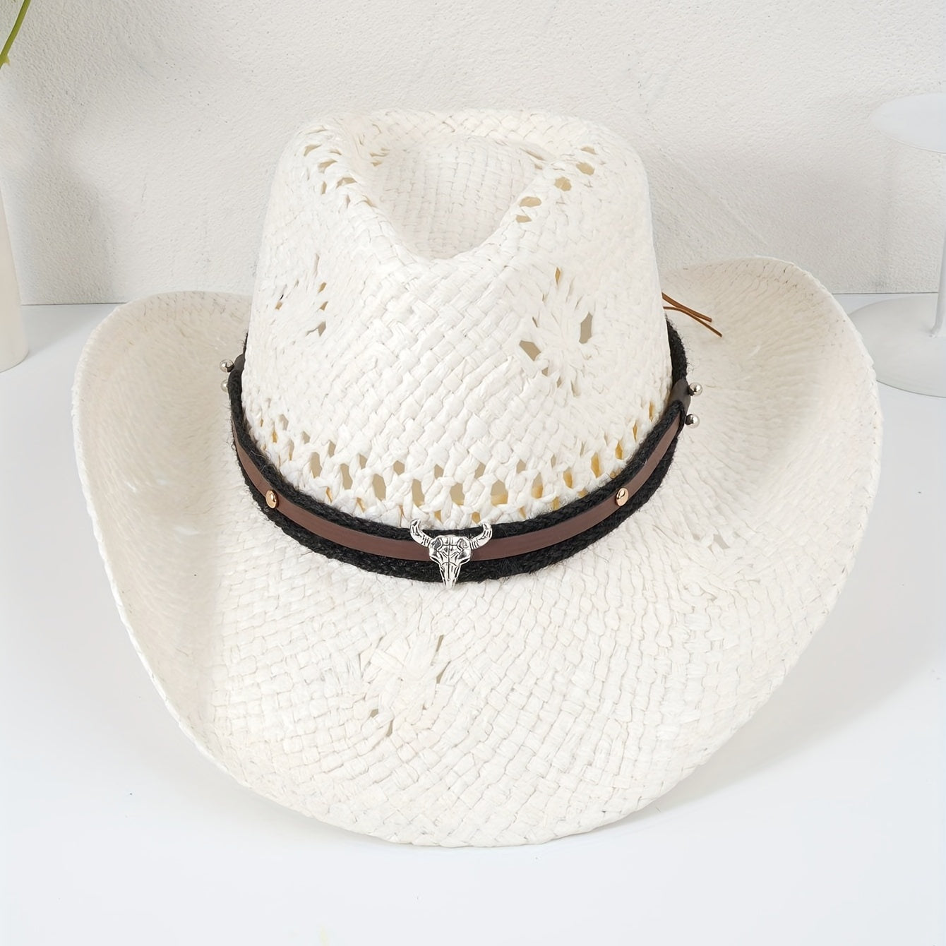 Western Cowboy Hat with Shell Flower Calf Head Chain Belt