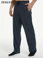 ZENGVEE Men's Stretch Pants Zip Pockets Breathable Trousers