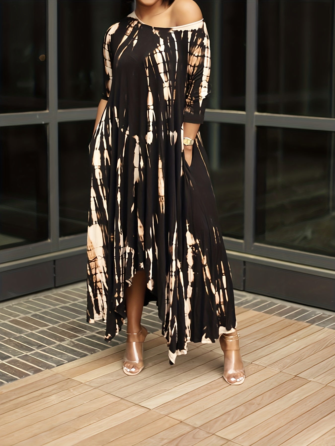  Tie Dye Long Sleeve Maxi Dress Round Neck