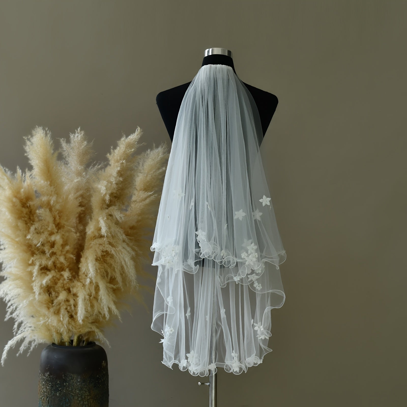 Romantic Floral Bridal Veil with Pearl Detailing for Outdoor Weddings